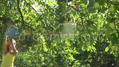 夏天花园里的果树上挂着一个漂亮的园丁女人，带着浇水罐的花盆。 4K
