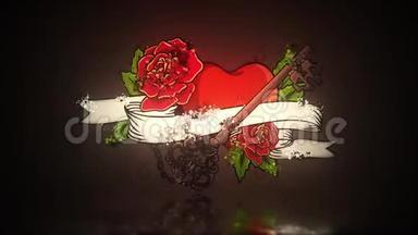 心与玫瑰花和丝带与措辞MOM。 复古纹身