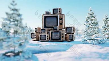 复古的堆，冬天的古董电视，雪景。 现实的4k动画。