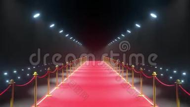 4k3D红地毯，带绳和闪烁灯的屏障动画