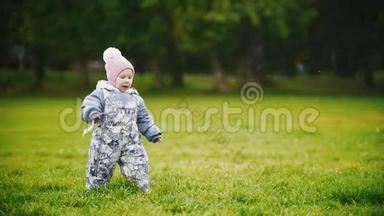 一个在秋天公园散步的小女孩：一个婴儿在草地上奔跑，动作缓慢