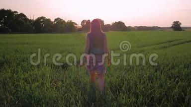 <strong>直发</strong>的年轻女孩正沿着一片绿色的田野走着。 夕阳西下。 中弹。 慢动作