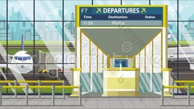 机场航站楼的离港板上有波特兰字幕。 前往美国可循环卡通动画