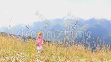 在炎热的<strong>夏日</strong>里，<strong>小孩</strong>子在山上穿过高高的草地。 全高清。 1920x1080