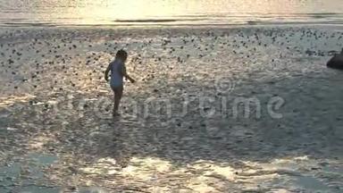 日落时分，小女孩在海水中与海滩<strong>嬉戏</strong>