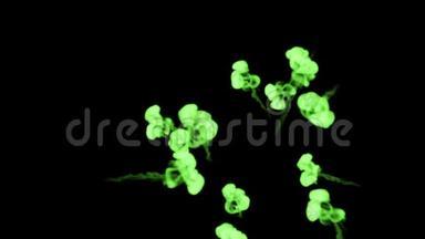 在黑色背景上的水中辉光绿色墨水的3D渲染，Luma哑光作为墨水效果或背景的阿尔法掩模