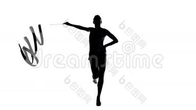 灵活的体操运动员用胶带创造美丽的双手优雅的<strong>动作</strong>。 白色背景。 <strong>剪影</strong>