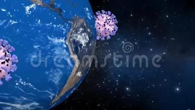 冠状病毒covid19围绕地球旋转.. 3D动画。 黑色背景。