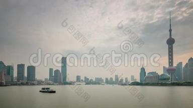雨天夕阳西下上海城市河湾全景4k时光流逝中国