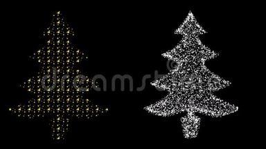 金色的<strong>星星</strong>和<strong>闪烁</strong>的<strong>星星</strong>，以黑色背景的圣诞树的形状出现