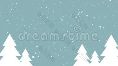 雪花白色的雪花慢慢地飘落在蓝色背景上的圣诞树上-圣诞节、冬天或新年模板，