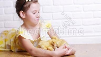 一个穿着黄色裙子的小可爱女孩正在和三只黄色的<strong>小鸭</strong>子玩，用草药喂它们。 <strong>小鸭</strong>子