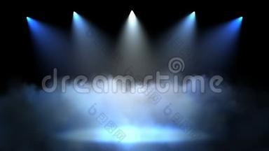 舞台上有现场照明，空场景用于表演，颁奖典礼或深蓝色背景上的广告。 摆动运动