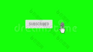 动画鼠标点击订阅按钮和铃声通知与绿色屏幕色度键背景。 订阅