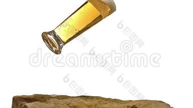啤酒杯在白色背景下掉落、破碎和溅落在石头上
