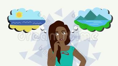2D动画，非裔美国妇女站在两边的思考云。 做梦都想去度假的女孩