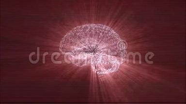 数字大脑由漂浮在黑色空间中的<strong>光束粒子</strong>和红光照明制成。