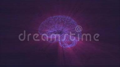 数字大脑由漂浮在黑色空间中的<strong>光束粒子</strong>和照明紫色光组成。