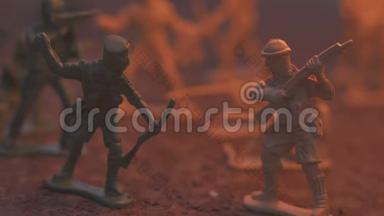 火中的玩具标兵.. 战争死亡的概念.. 慢动作