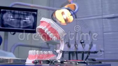 牙医桌上的牙齿模<strong>型</strong>仪器和背景中的全景x射线图像