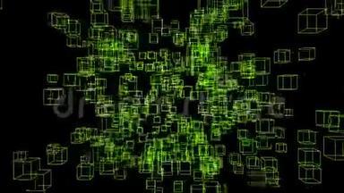 抽象数字技术背景的大绿色3D盒移动在黑色或深色<strong>渐变</strong>颜色。