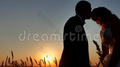浪漫的婚礼亲吻年轻夫妇的剪影。夕阳下的情侣自然男女剪影