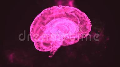 知识产权概念。 抽象的大脑模型，小的闪亮的粉红色粒子悬浮在空间中。