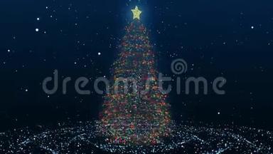 动画圣诞树无缝背景循环闪烁的圣诞灯，雪花和科普空间