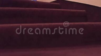 用地毯覆盖旧楼楼梯的特写镜头。 4K型