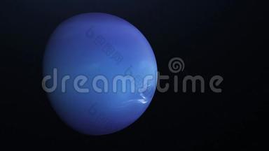 令人惊叹的蓝色海王星行星在外层空间无尽的恒星之间旋转。 动画。 抽象蓝球
