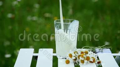 特写镜头。 放慢脚步。 将牛奶倒入玻璃烧杯中.. 旁边躺着一束雏菊。 在这种背景下