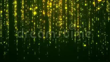 金色的闪光粒子落在线上。 在深绿色背景上