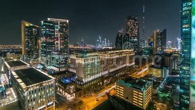 夜间时光流逝，迪拜市区风景优美的<strong>建筑</strong>。 在谢赫扎耶德路附近的许多摩天大楼的<strong>鸟瞰</strong>图。