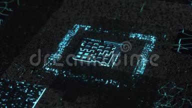 3D计算机<strong>芯片</strong>过电路背景的蓝色和黑色。 <strong>动画</strong>。 人工智能和网络
