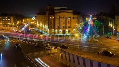 时间推移城市景观交通与运动模糊图片。 埃里温晚上。