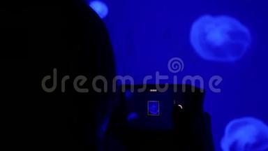 女人在装有水母的大型水族箱的智能手机拍照