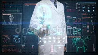 医生触摸数字屏幕，旋转扫描机器人身体在数字interface.display.artificial智能。