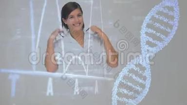 黑色屏幕上的DNA分子和数据图表，前景上有一位女医生微笑