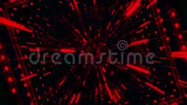 美丽的抽象<strong>红色</strong>方形隧道，<strong>光线</strong>在黑色背景上快速移动，无缝环路。 动画。 移动