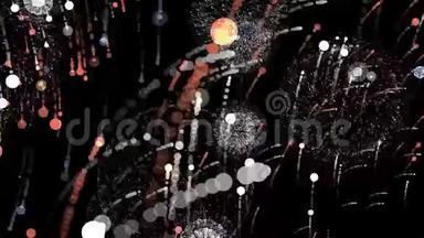 抽象色彩斑斓的烟花在黑色背景上爆炸，无缝循环。 <strong>动画</strong>。 美丽的火花<strong>出现</strong>在