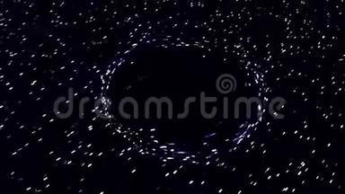 抽象快速飞行的恒星在外层空间穿越黑色虫洞，无缝环路.. 动画。 带有宇宙背景的
