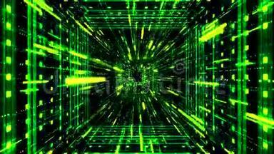 绿色科幻隧道，抽象未来主义技术概念。 动画。 3D黑色穿越网络空间的旅程