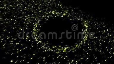 抽象绿色粒子在黑色背景上飞行。 动画。 色彩斑斓的太空尘埃在黑洞周围移动
