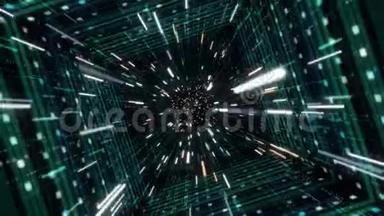 抽象创意宇宙背景，超跃进入另一个星系通过绿色隧道.. 动画。 光速