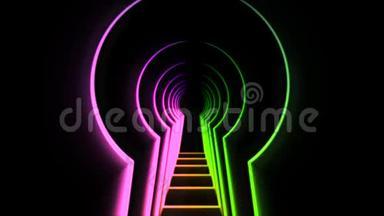 抽象动画霓虹灯锁孔.. 动画。 霓虹灯隧道形状的门打开钥匙。 黑色锁孔隧道