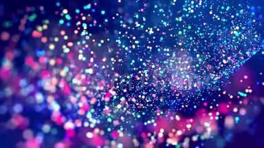 奇妙的节日抽象背景，闪光的魔法，多色粒子在粘稠的液体中飞行或漂浮，发光