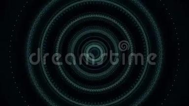 催眠圆圈在黑暗背景上移动和闪烁的抽象动画。 动画。 4K抽象波浪形运动