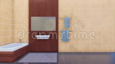 浴室内部为仿造空间，米黄色瓷砖墙面
