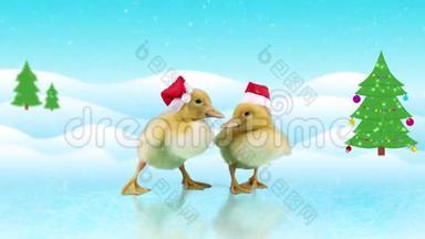 穿着圣诞老人帽子的滑稽小鸭子在冰上滑