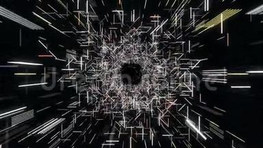 黑色背景上霓虹灯条纹的抽象隧道。 动画。 许多破碎的几何条纹在黑色上发光的隧道